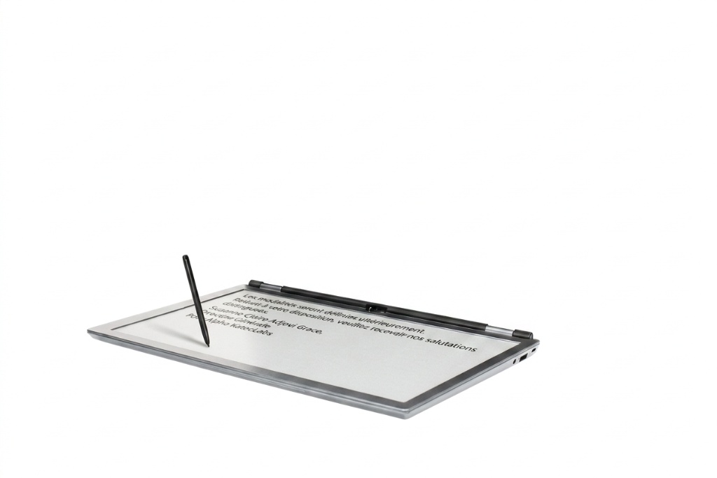 ZEP-X Tab·7 — Laptop e-ink grand format posé à plat en vue perspective, dalle e-ink paysage ultra-slim affichant la fin d'une lettre manuscrite signée par Suzanne Claire Adjovi Grâce Directrice Générale Alpha KatecLabs, stylet noir dressé verticalement à gauche sur le plateau argent, ports USB-A visibles à droite